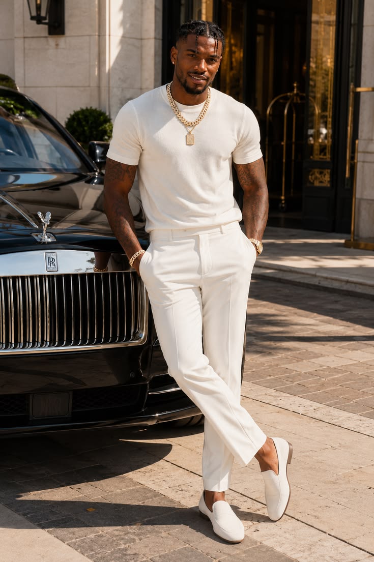 Cream t-shirt with white trousers and loafers inspiration