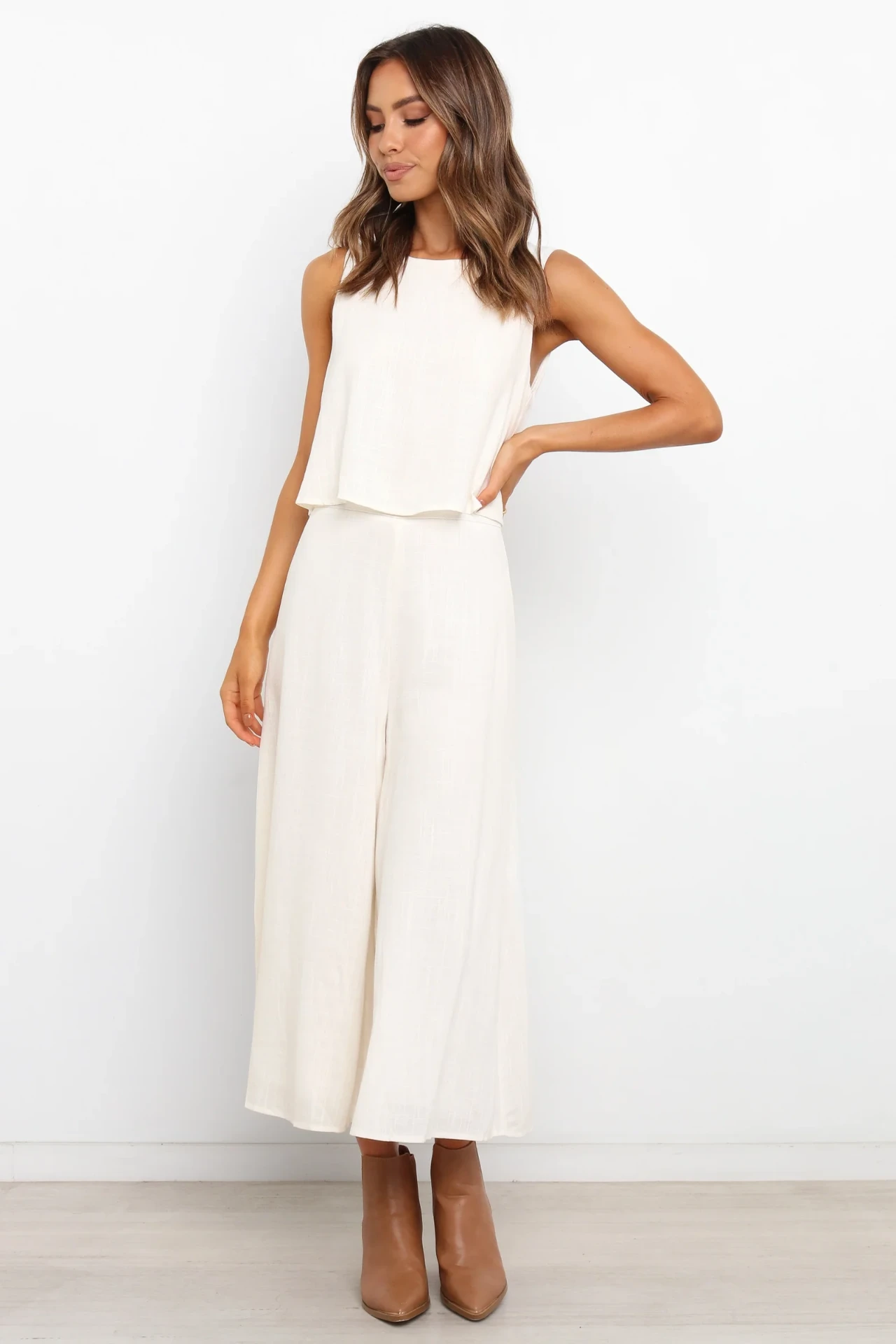 White textured playsuit and wide-leg set inspiration