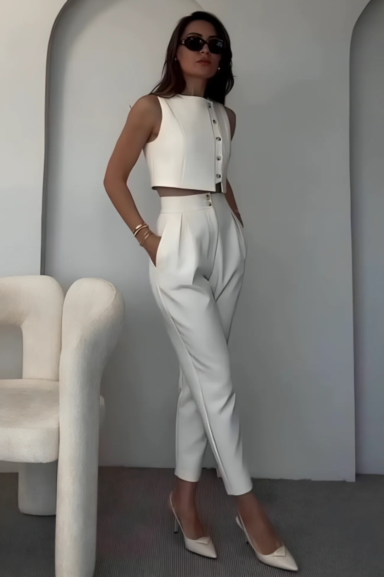 White tailored vest and trousers set inspiration