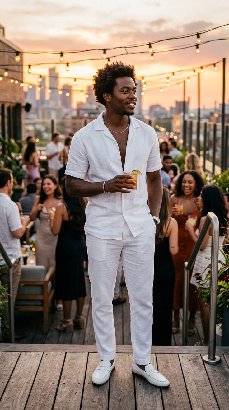 Men's white linen shirt and trousers set inspiration