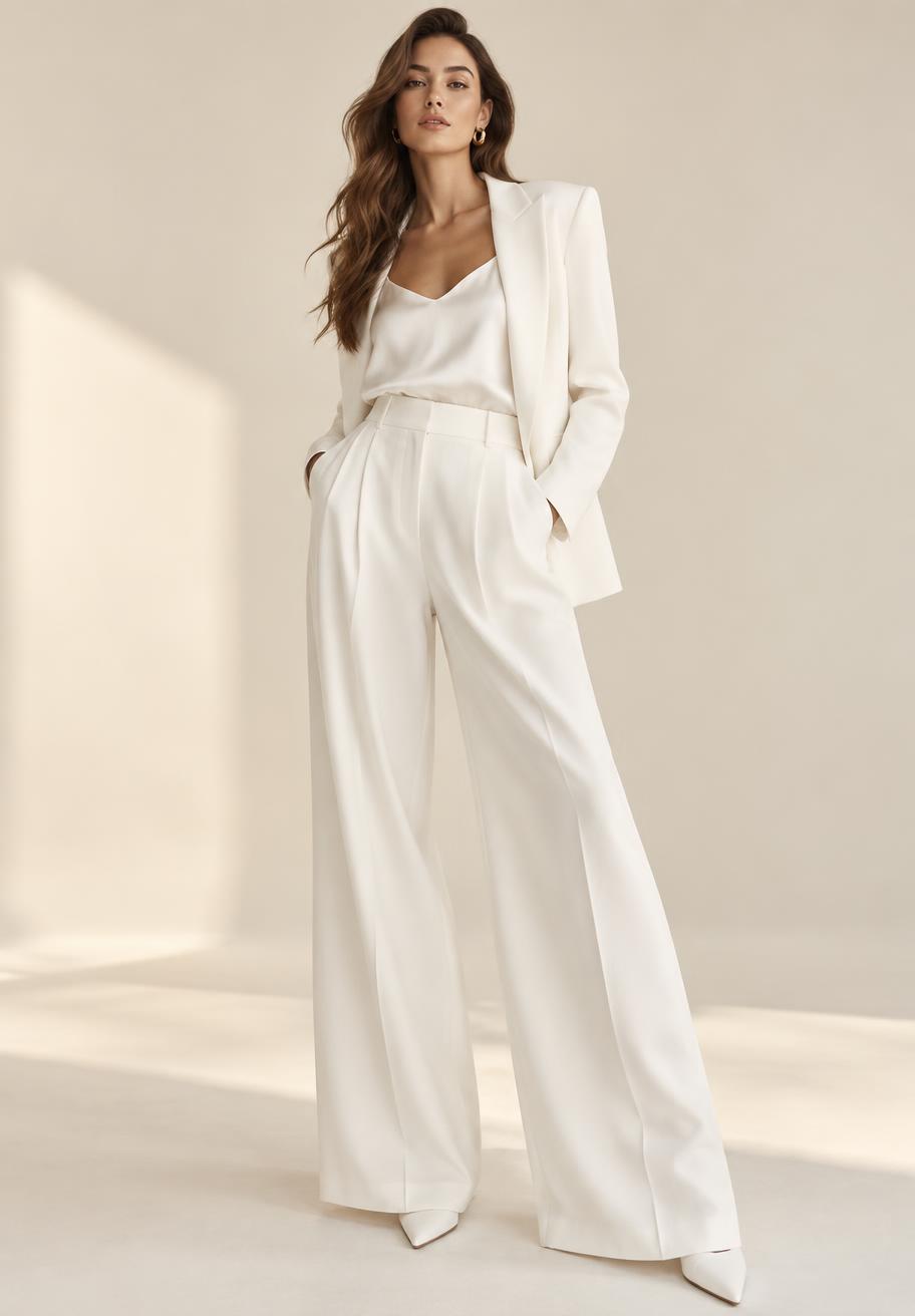 White wide-leg trousers and blazer suit inspiration